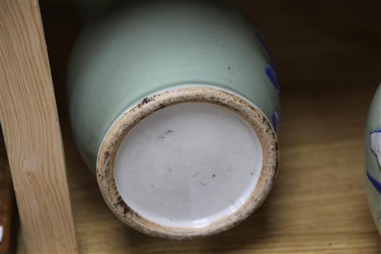 A pair of Chinese underglaze blue and white slip celadon glazed vases, H.35cm